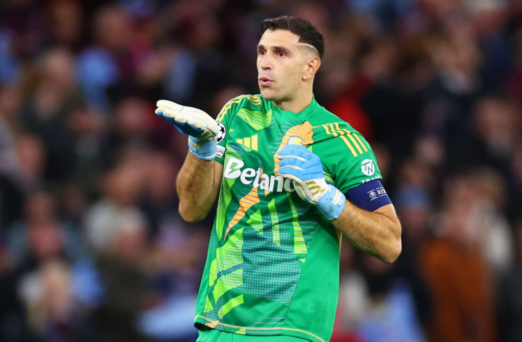 Emiliano Martinez of Aston Villa celebrates 